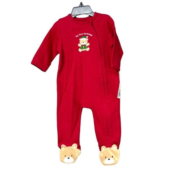 Little Me "My First Christmas" Teddy Bear Footed Bodysuit, Red, 6M - Picture 9 of 12